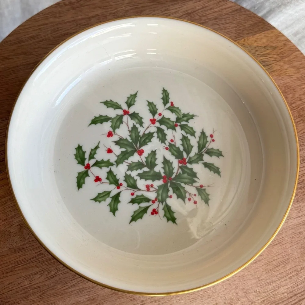 VTG Lenox Shallow Soup Bowl Ivory Holly Leaves Gold Trim Christmas Holiday